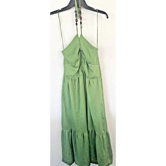 1.STATE Women's Beaded Halter Neck elasticized waist Midi Dress Pockets Green 2 - Picture 6 of 13